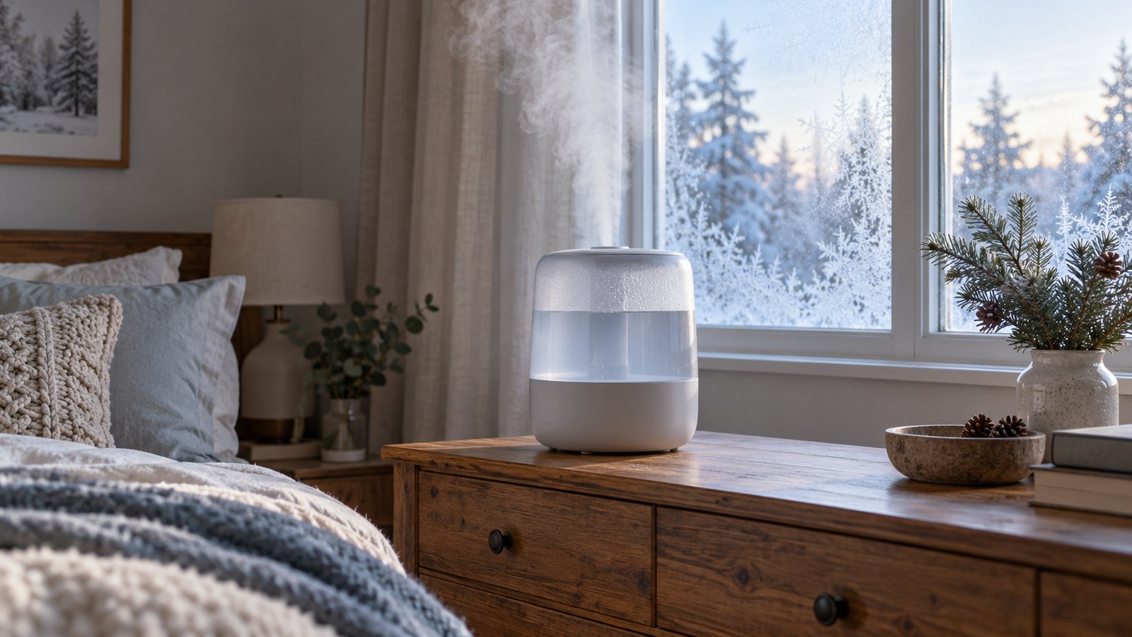 Humidifier on a dresser in winter (illustrative)