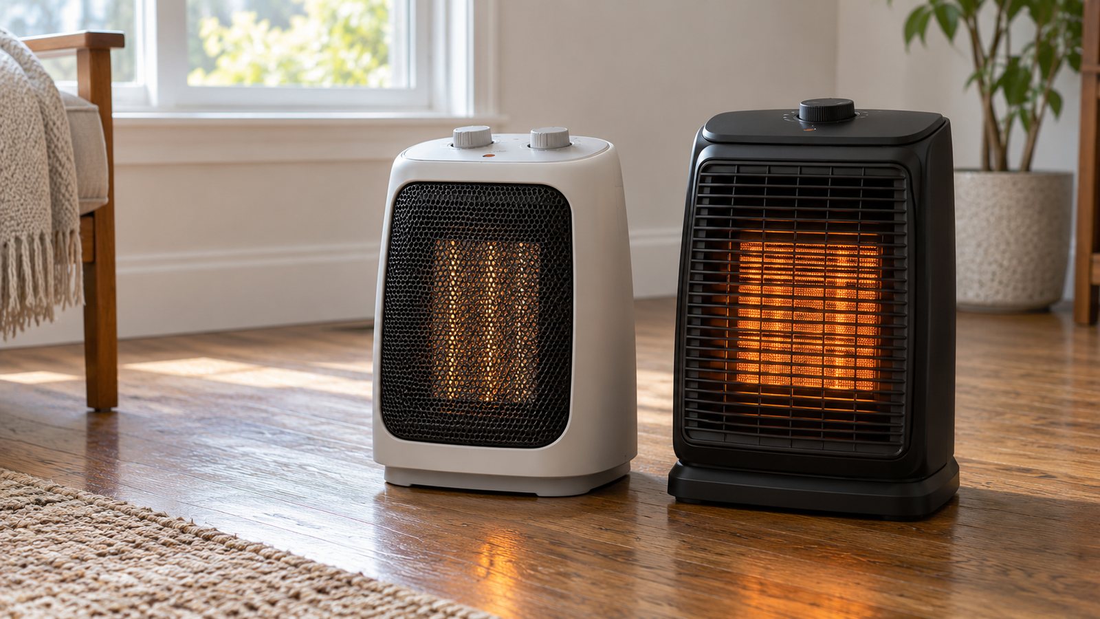 Two space heaters on a wood floor (illustrative)