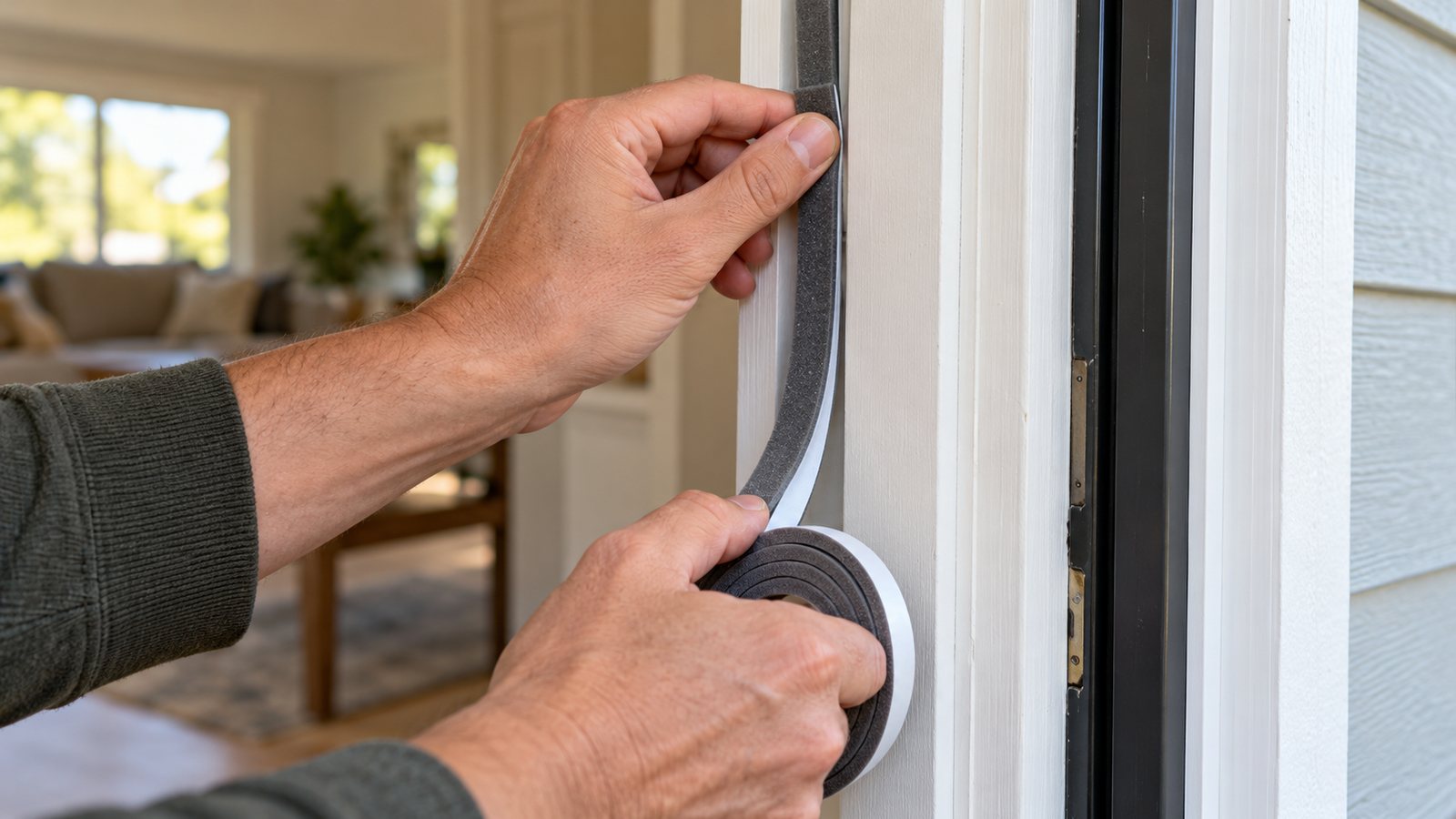 Installing foam weatherstrip on a door frame (illustrative)